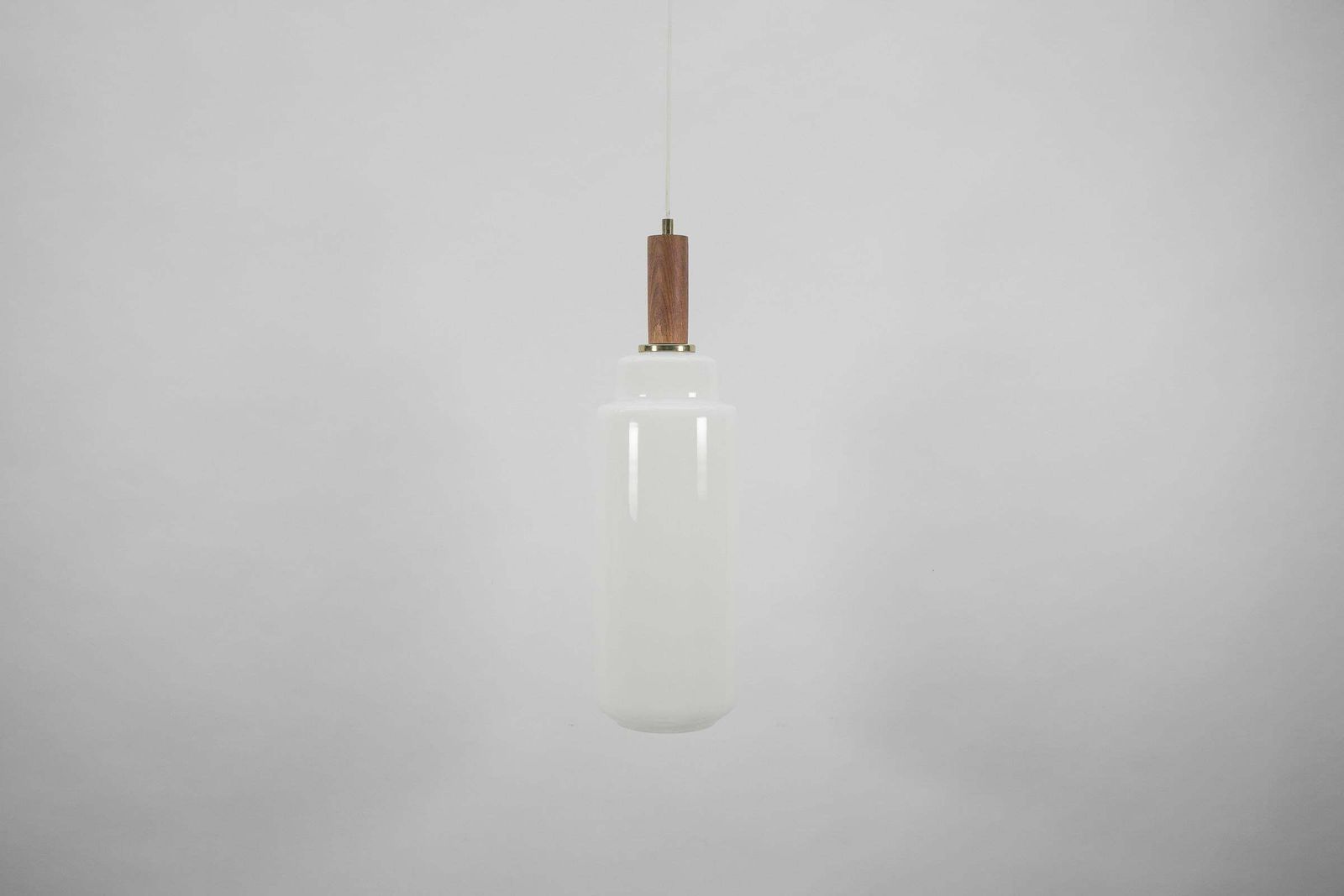 Cylindrical Scandinavian Opal Glass Hanging Lamp With Teak Wood, 1960s photo furniture
