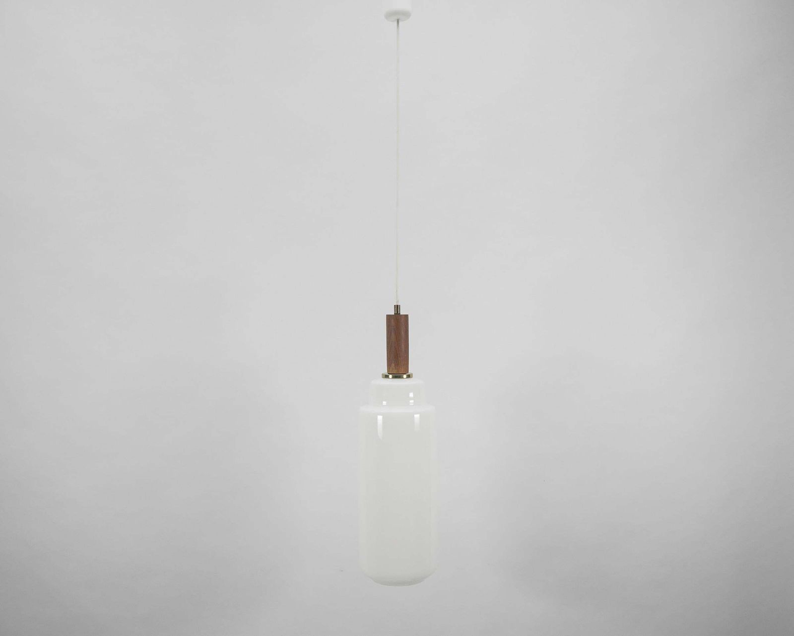 Cylindrical Scandinavian Opal Glass Hanging Lamp With Teak Wood, 1960s photo vinterior
