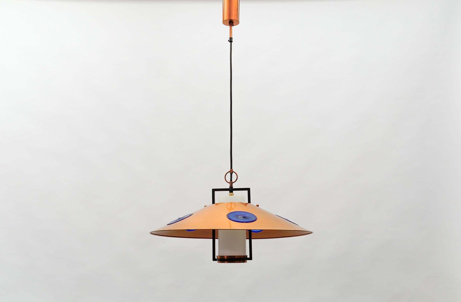 Mid Century Modern Opal Glass Lamp With Copper Shade And Copper Fixture, 1950s photo furniture