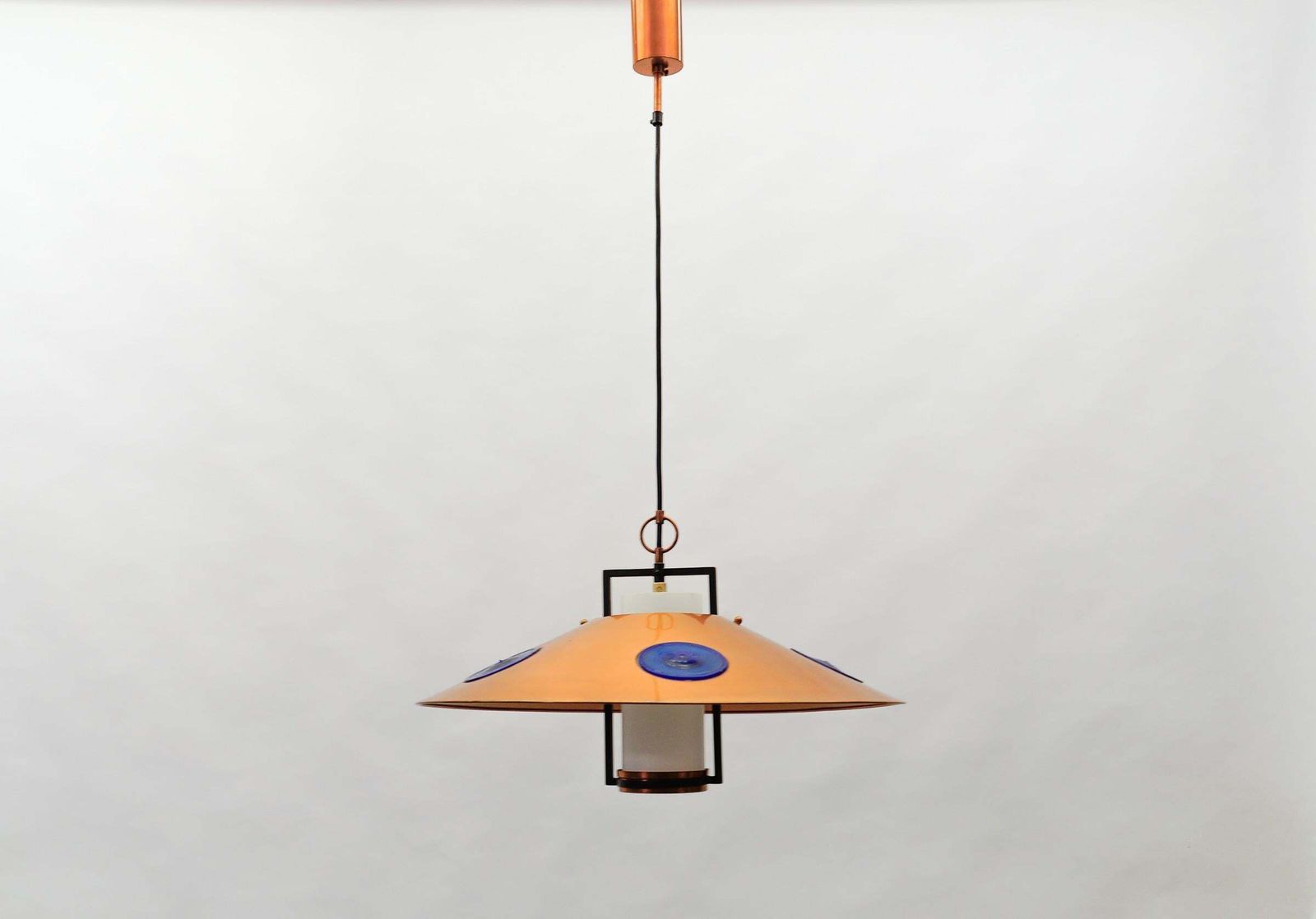 Mid Century Modern Opal Glass Lamp With Copper Shade And Copper Fixture, 1950s photo for sale