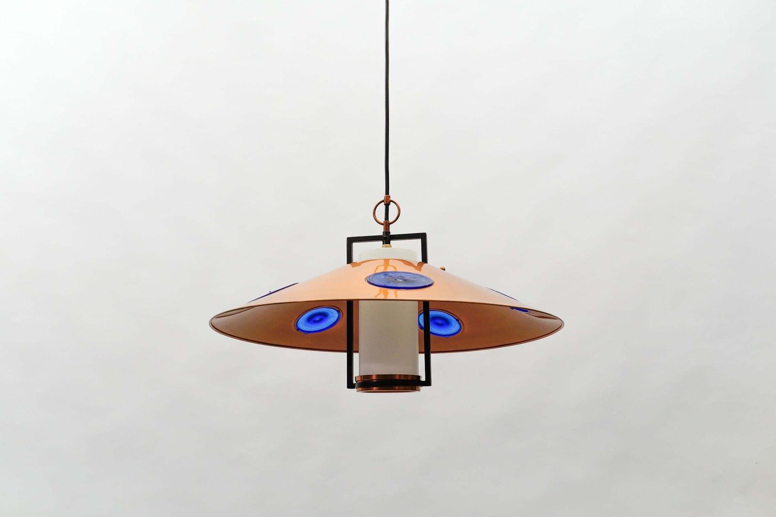 Mid Century Modern Opal Glass Lamp With Copper Shade And Copper Fixture, 1950s photo 1571.0