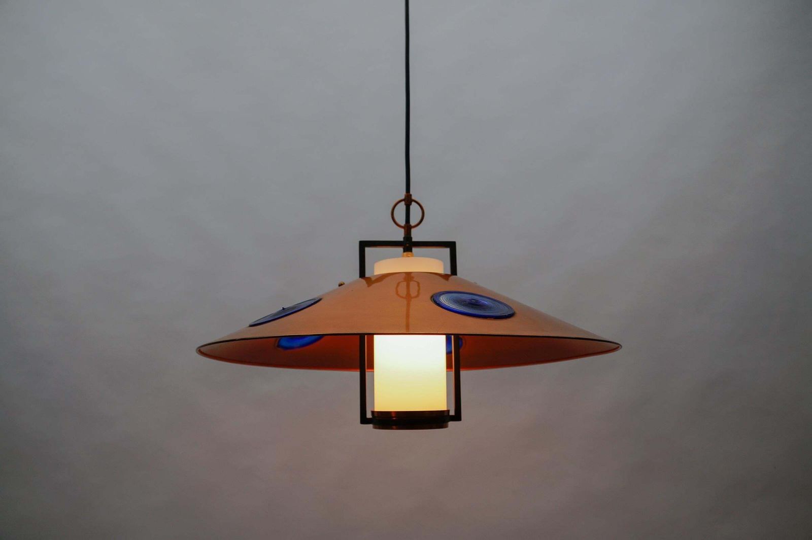 Mid Century Modern Opal Glass Lamp With Copper Shade And Copper Fixture, 1950s photo vinterior