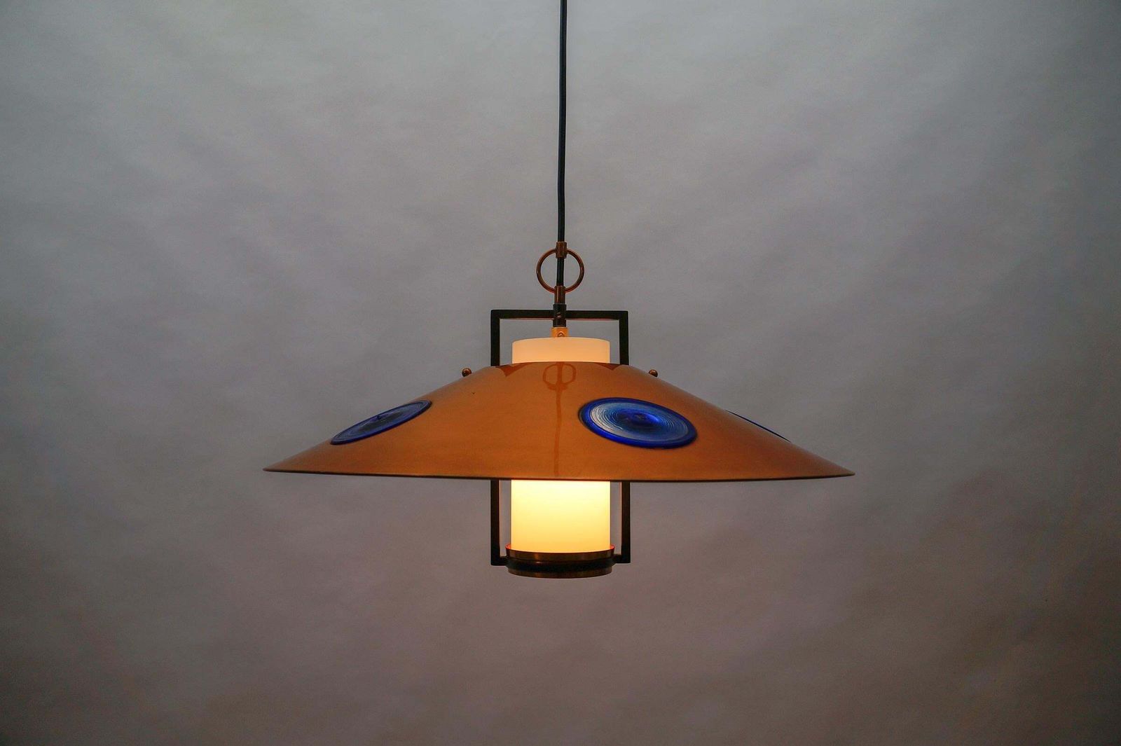 photo furniture Mid Century Modern Opal Glass Lamp With Copper Shade And Copper Fixture, 1950s