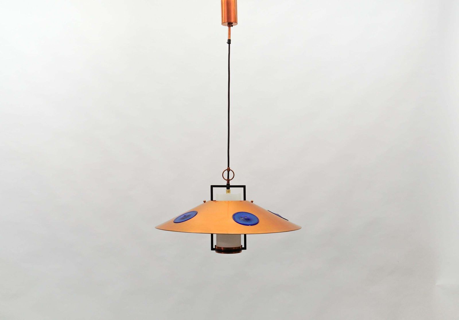 1571.0 Mid Century Modern Opal Glass Lamp With Copper Shade And Copper Fixture, 1950s photo