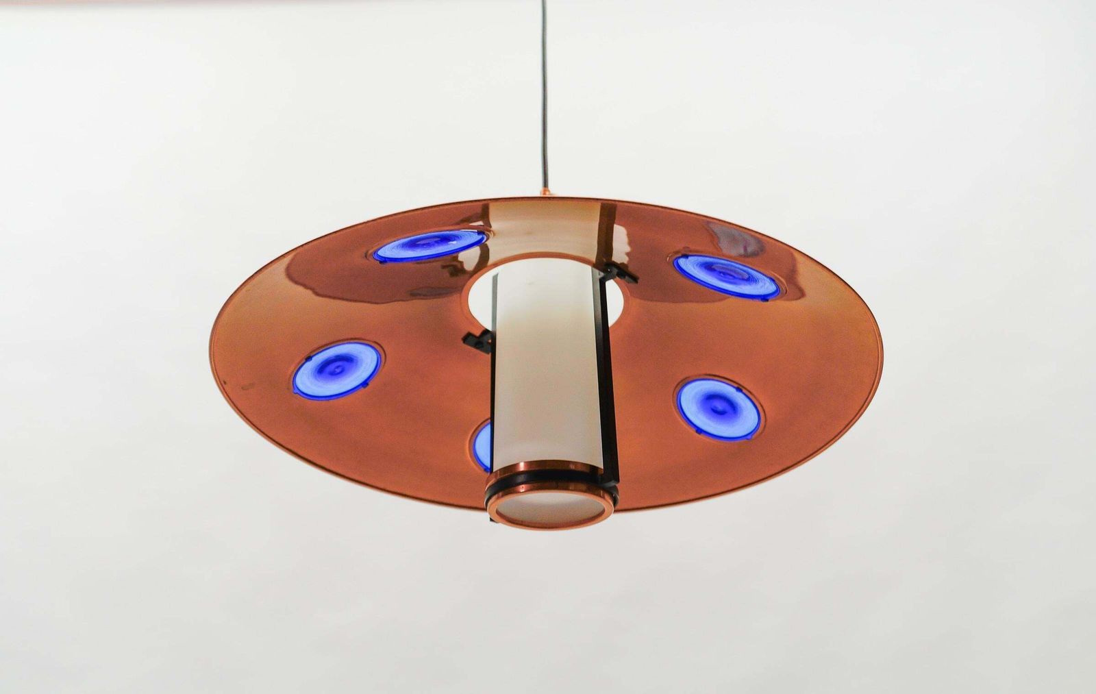 photo buy Mid Century Modern Opal Glass Lamp With Copper Shade And Copper Fixture, 1950s