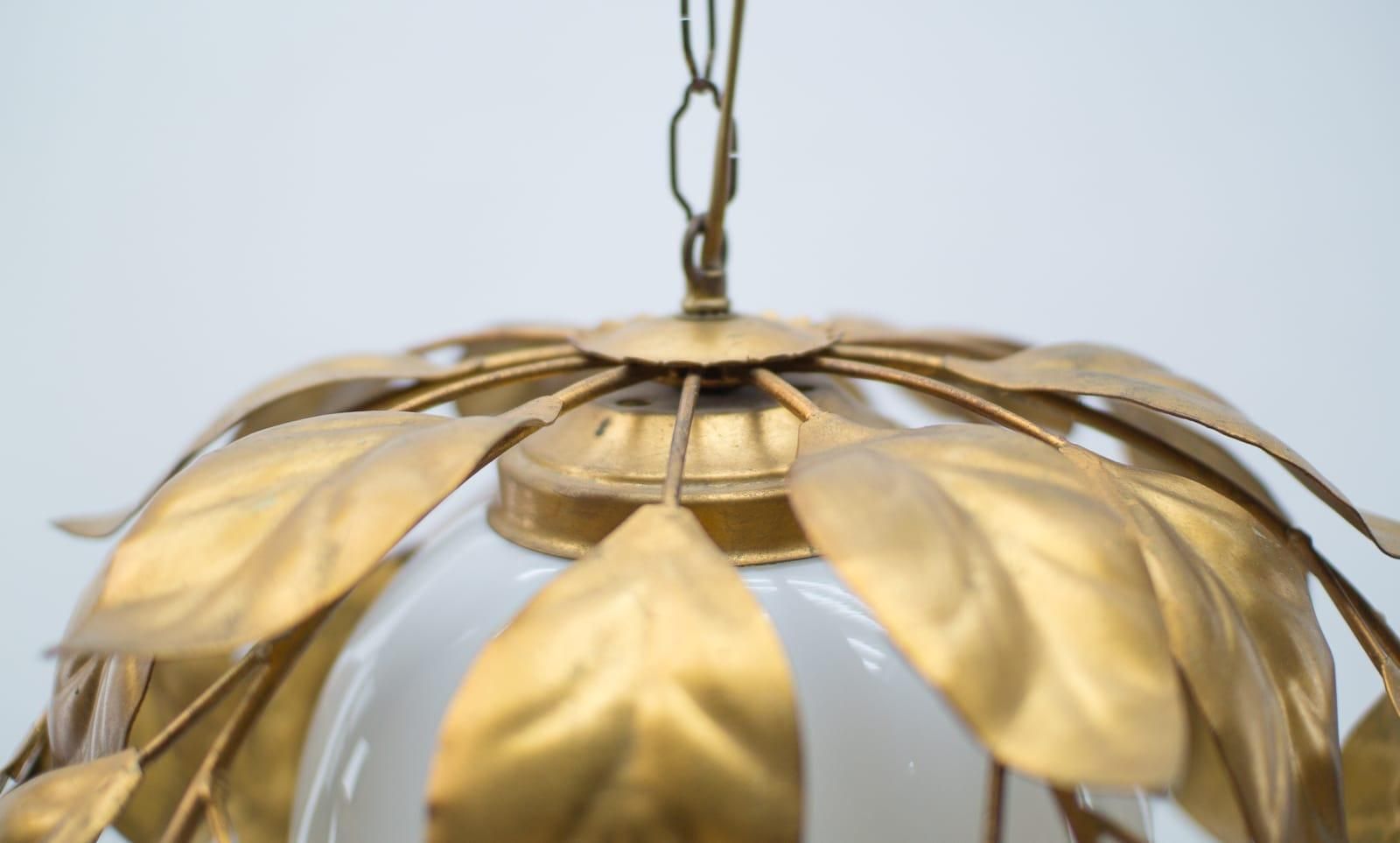 photo furniture Nice Gilded Florentine Ceiling Lamp With Opaline Glass Globe Shade, Italy, 1960s