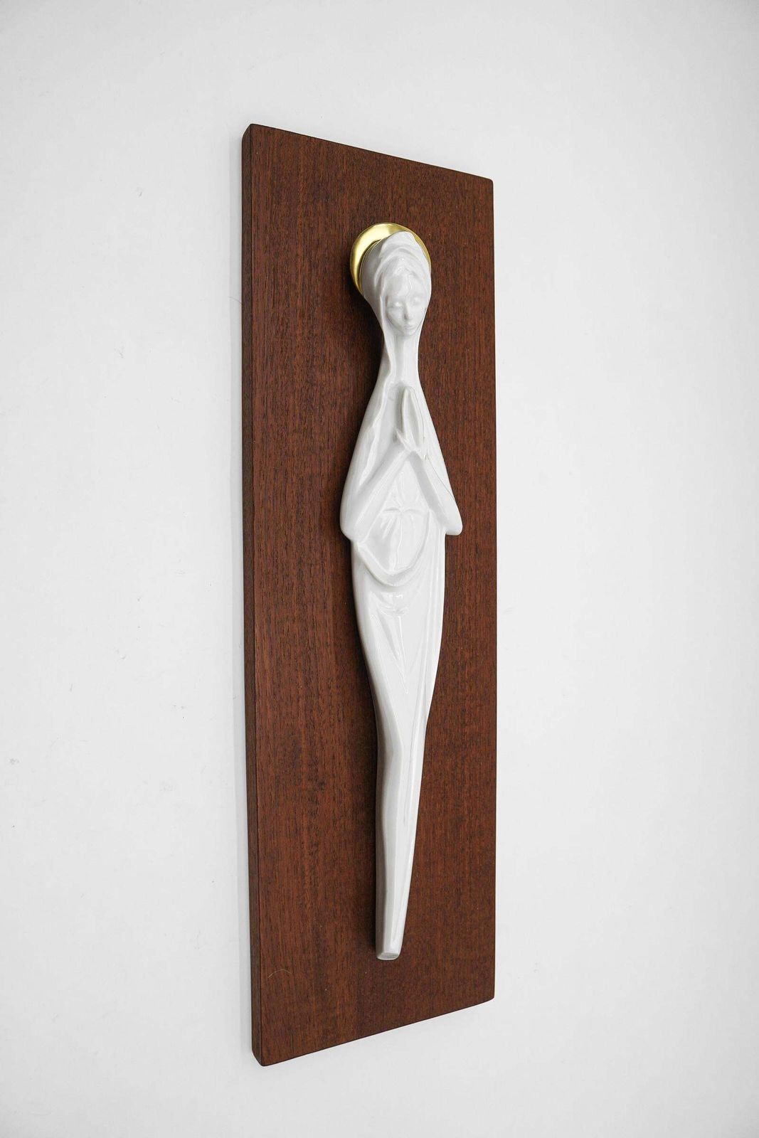 Scandinavian White And Molded Porcelain Madonna On Teak Panel, 1960s photo for sale