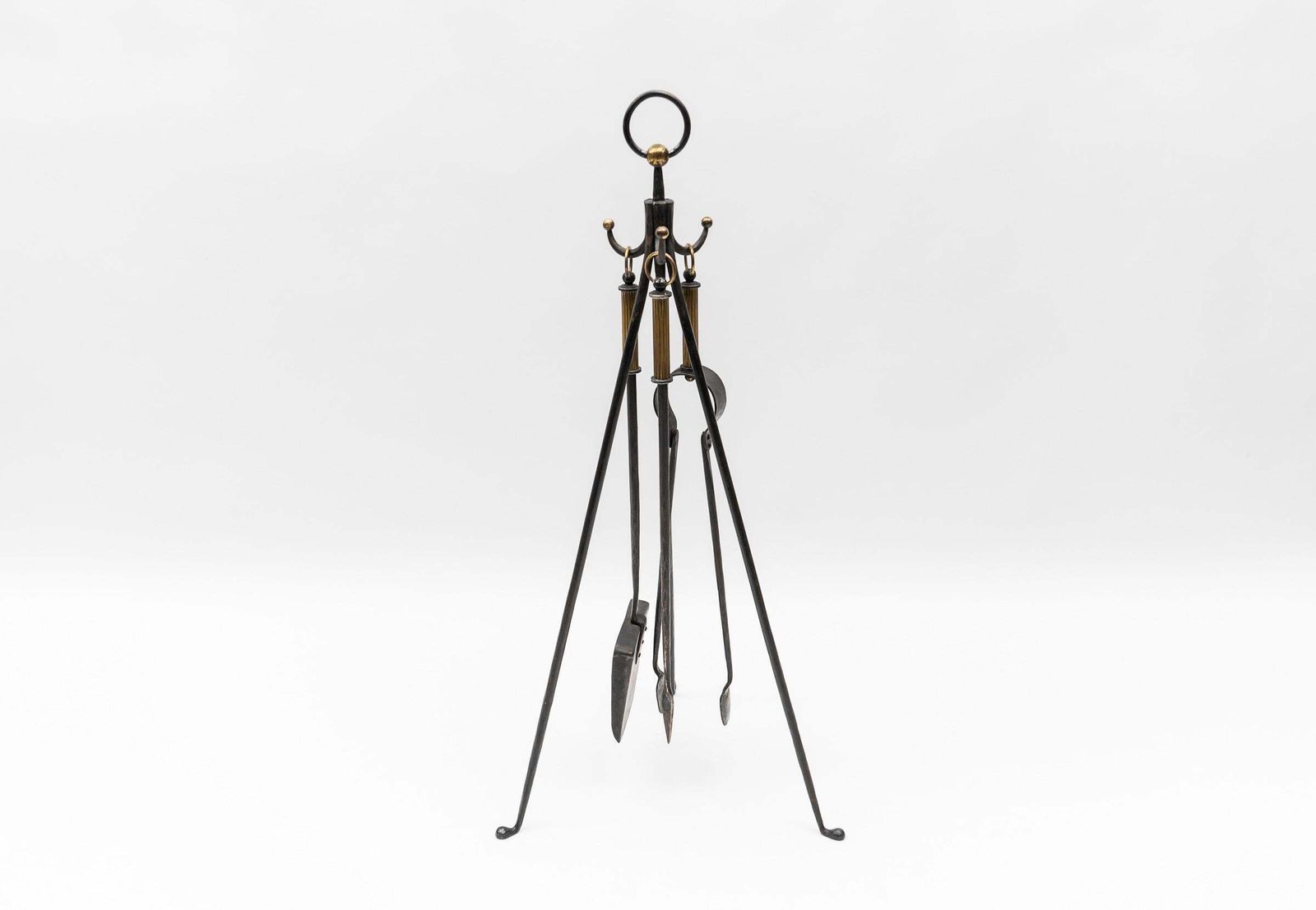 Hand Forged Tripod Iron And Brass Stand With Fireplace Tools, Austria, 1950s photo for sale
