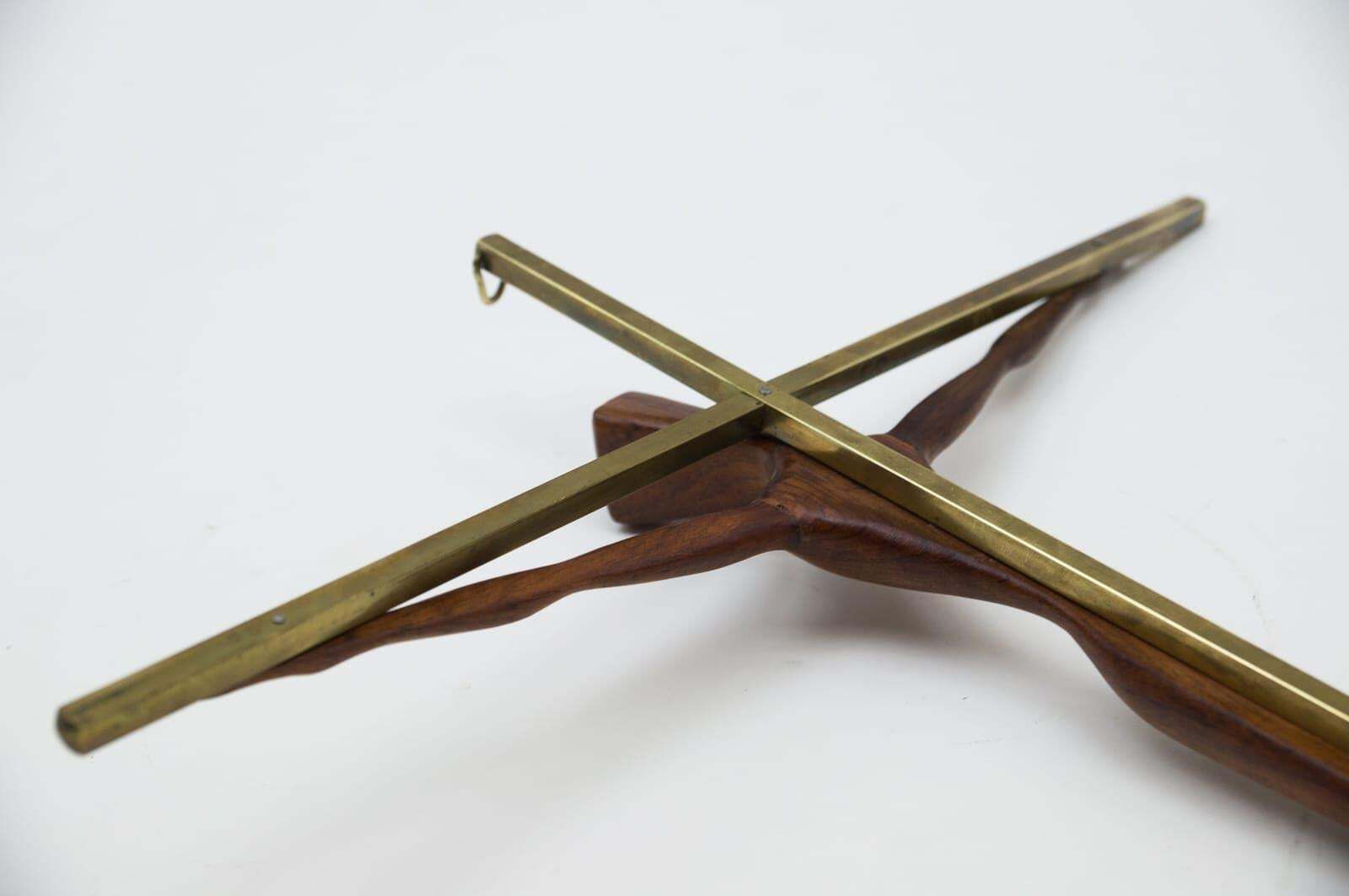 photo for sale Mid Century Modern Brass Crucifix With An Hand Carved Teak Jesus Sculpture