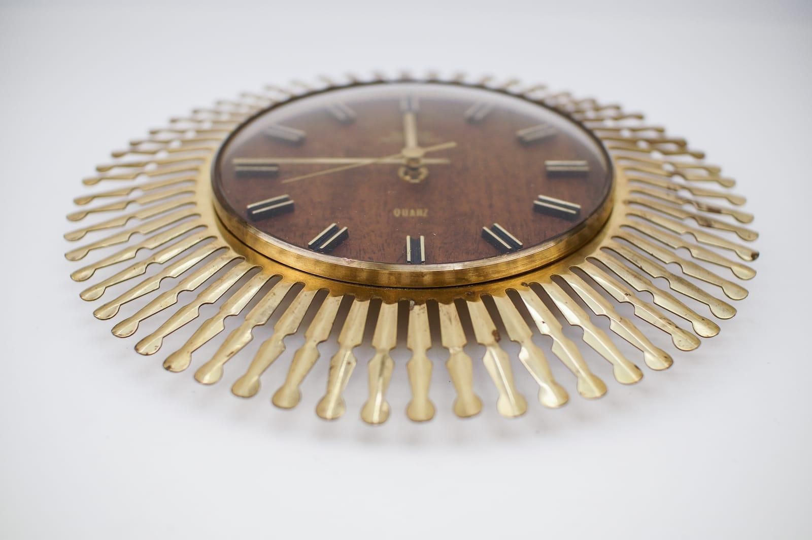 Mid Century Modern Sunburst Wall Clock By Meister Anker In Brass, 1960s Germany photo for sale