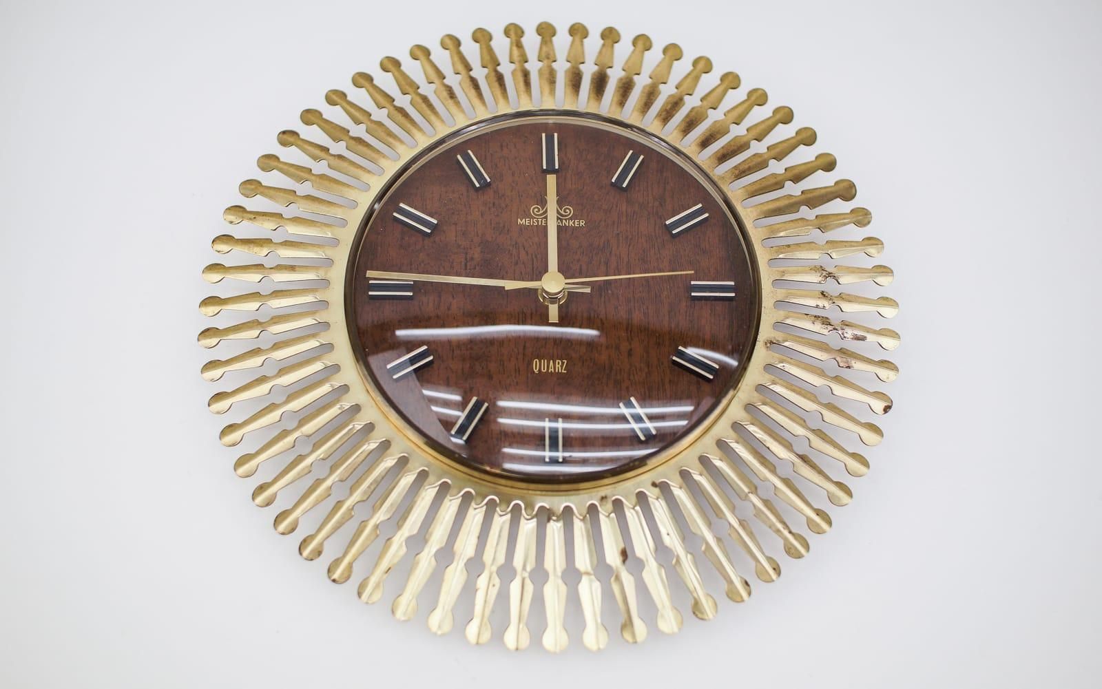 Mid Century Modern Sunburst Wall Clock By Meister Anker In Brass, 1960s Germany photo buy