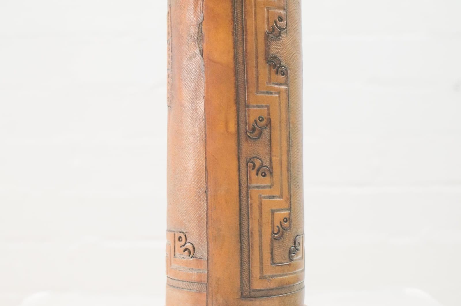 photo for sale Rare Handcrafted Leather Table Lamp With Maja Motiv By Kaiser Leuchten, 1960s
