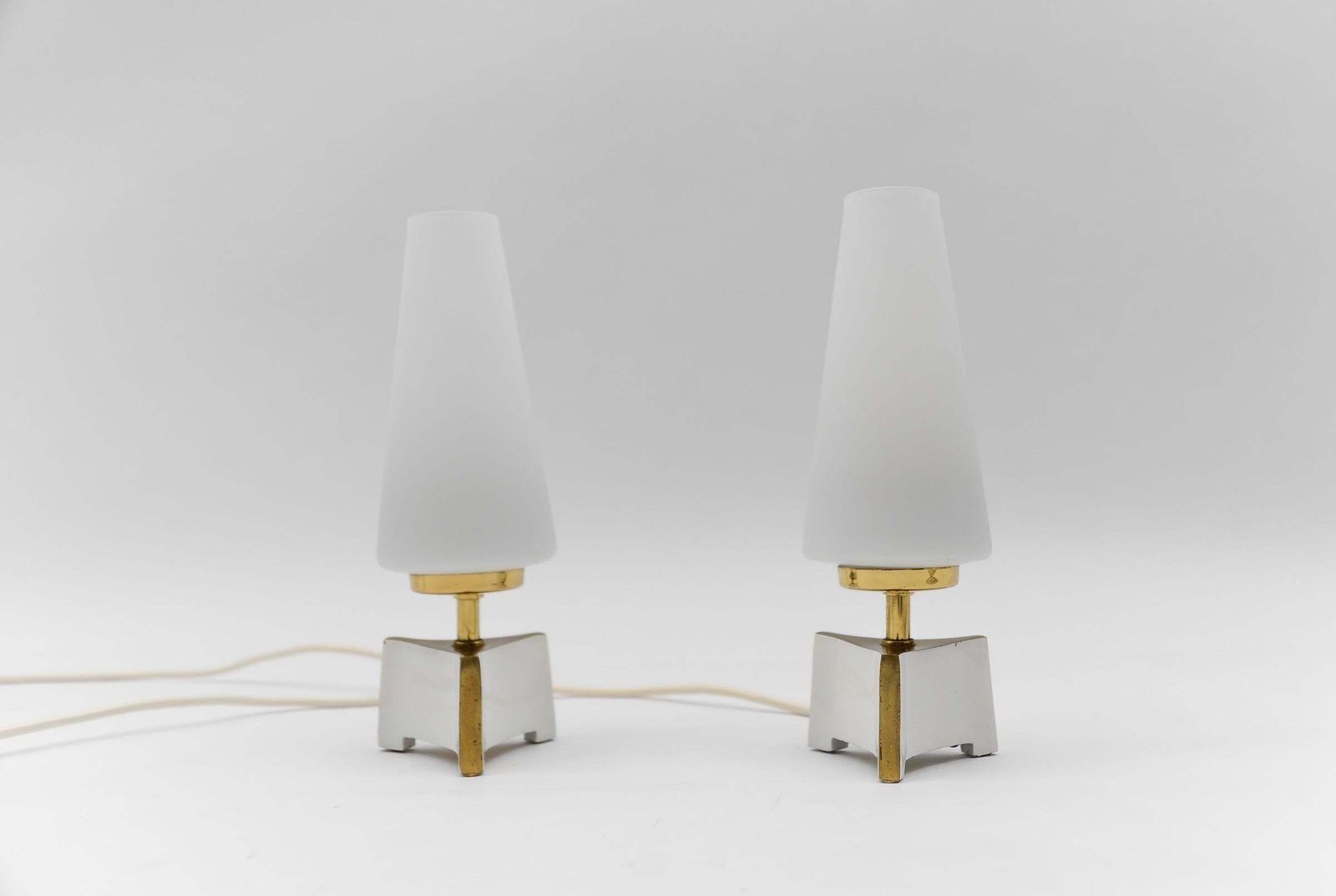 Petite Mid Century Modern Massive Brass And Opaline Glass Table Lamps, 1950s photo furniture