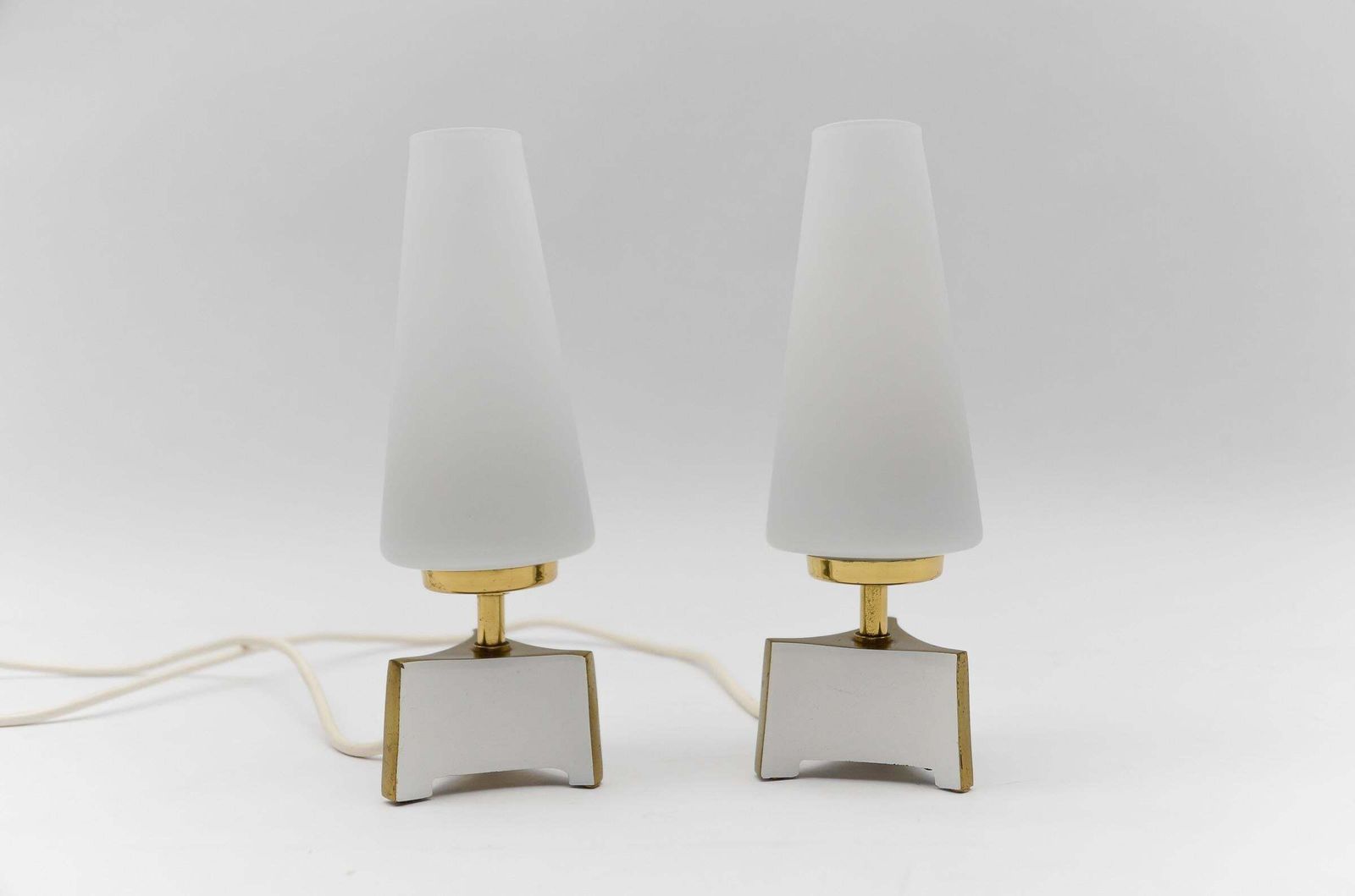 Petite Mid Century Modern Massive Brass And Opaline Glass Table Lamps, 1950s photo vinterior