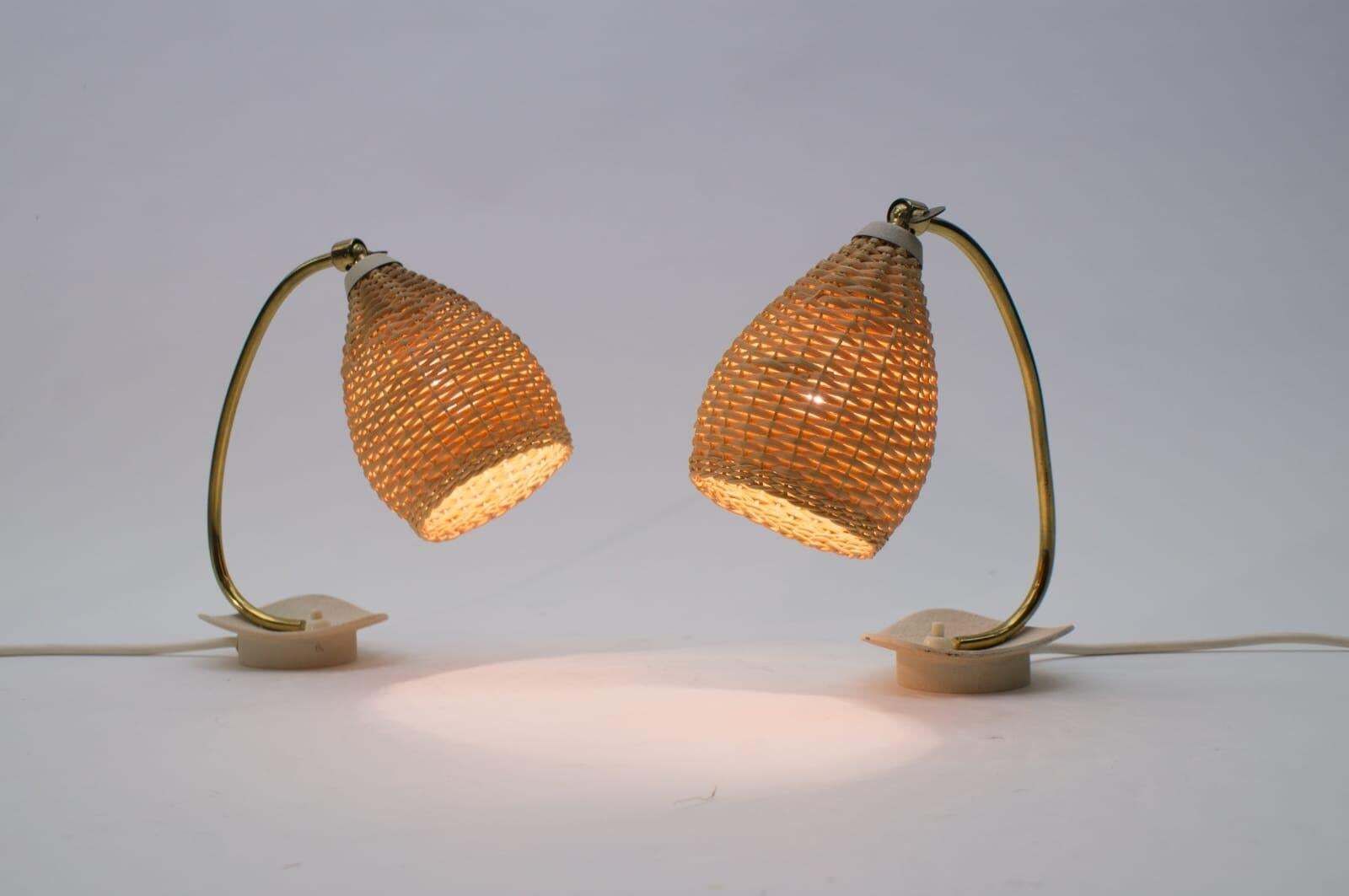 Pair Of Lovely Brass And Wicker Table Lamps From The 1950s, Austria photo Lighting