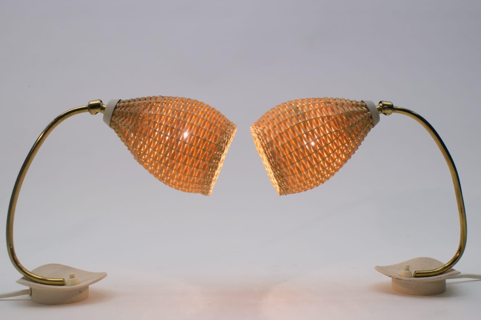 Pair Of Lovely Brass And Wicker Table Lamps From The 1950s, Austria photo vinterior
