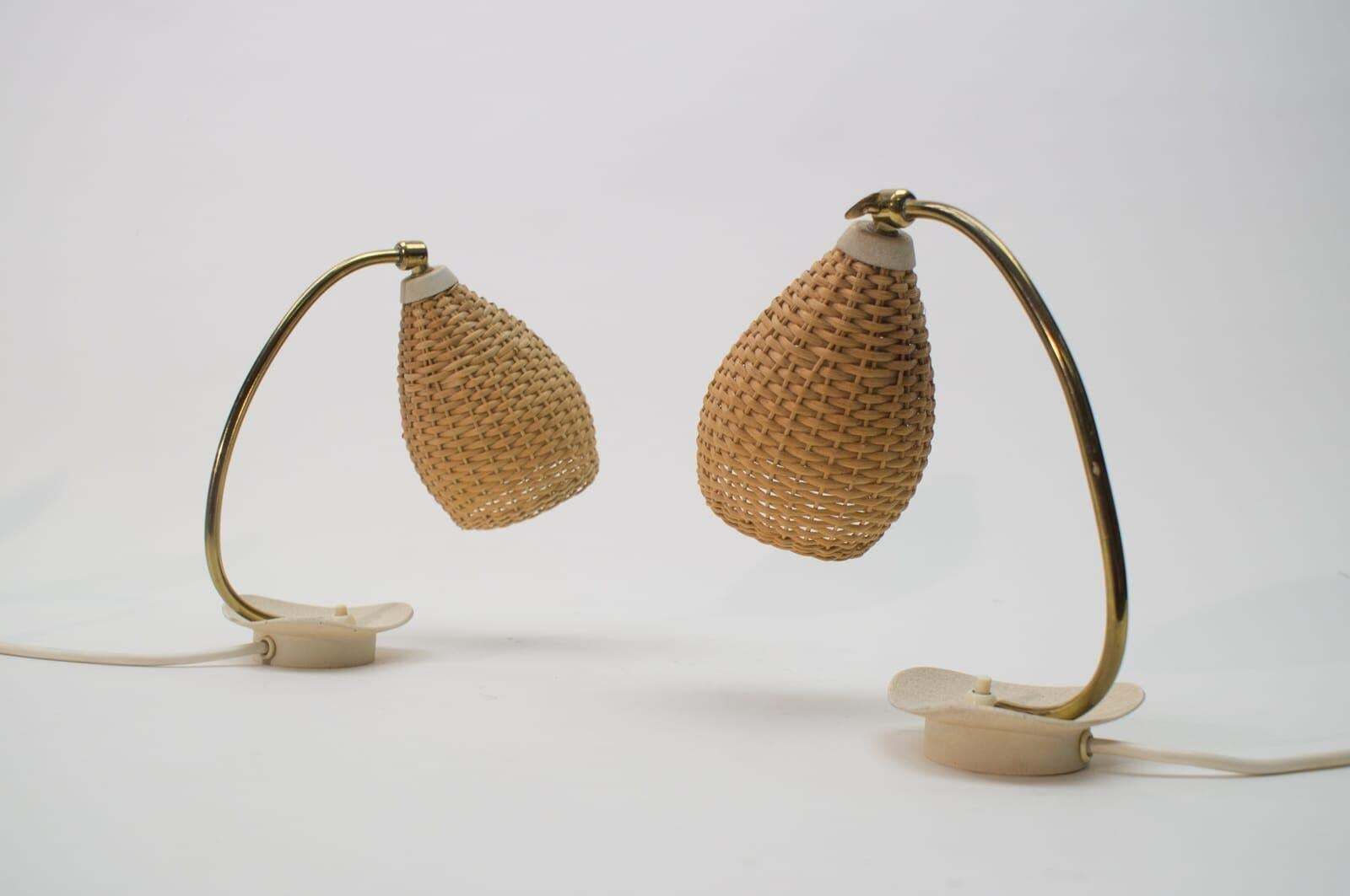 Pair Of Lovely Brass And Wicker Table Lamps From The 1950s, Austria photo vintage