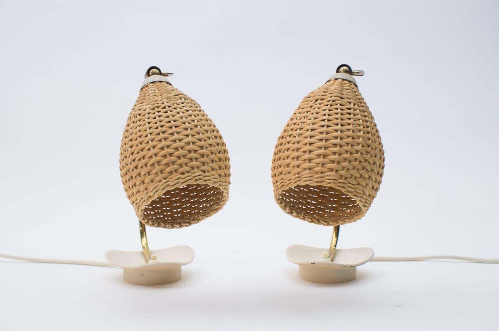 photo for sale Pair Of Lovely Brass And Wicker Table Lamps From The 1950s, Austria