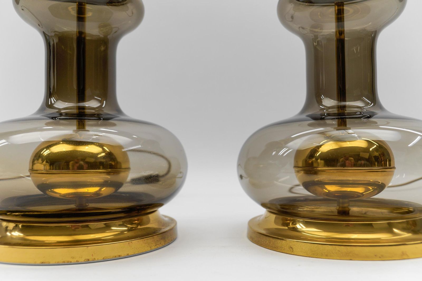 Lighting Pair Of Mid Century Modern Brass Smoked Glass Table Lamp Bases, 1960s photo