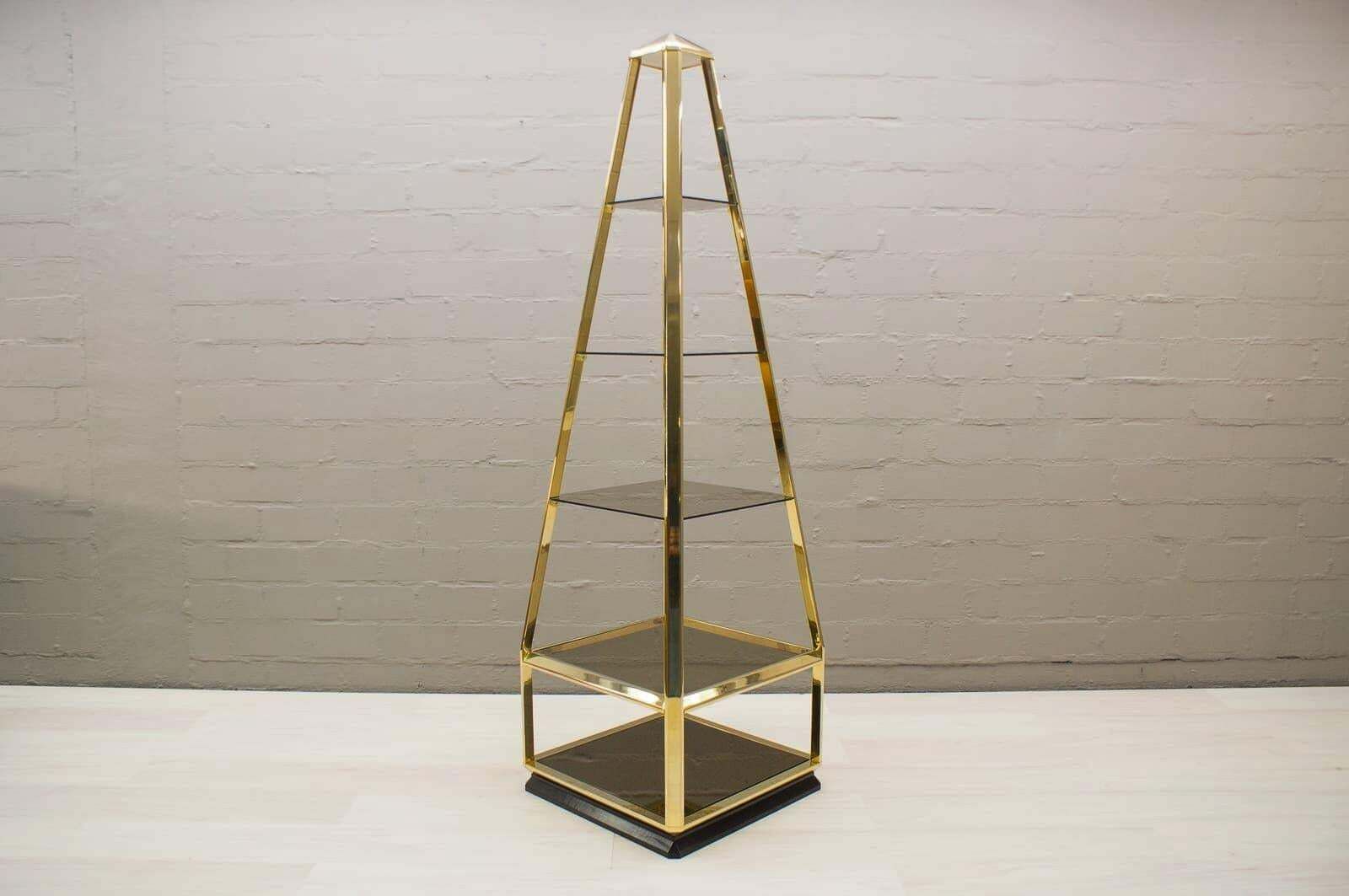 Hollywood Regency Pyramid Shelf In Gold And Smoked Glass, France 1960s photo furniture