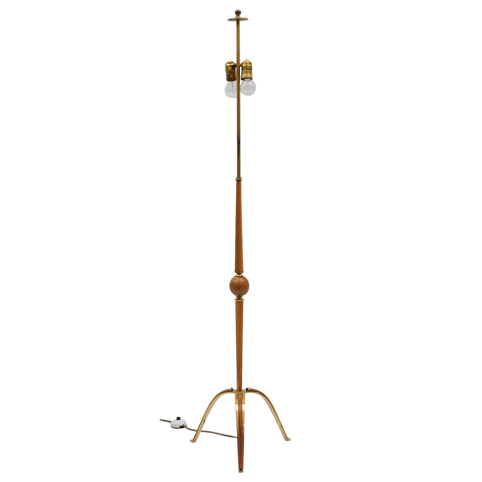 Awesome Tripod Cherry Wood And Brass Floor Lamp, 1950s