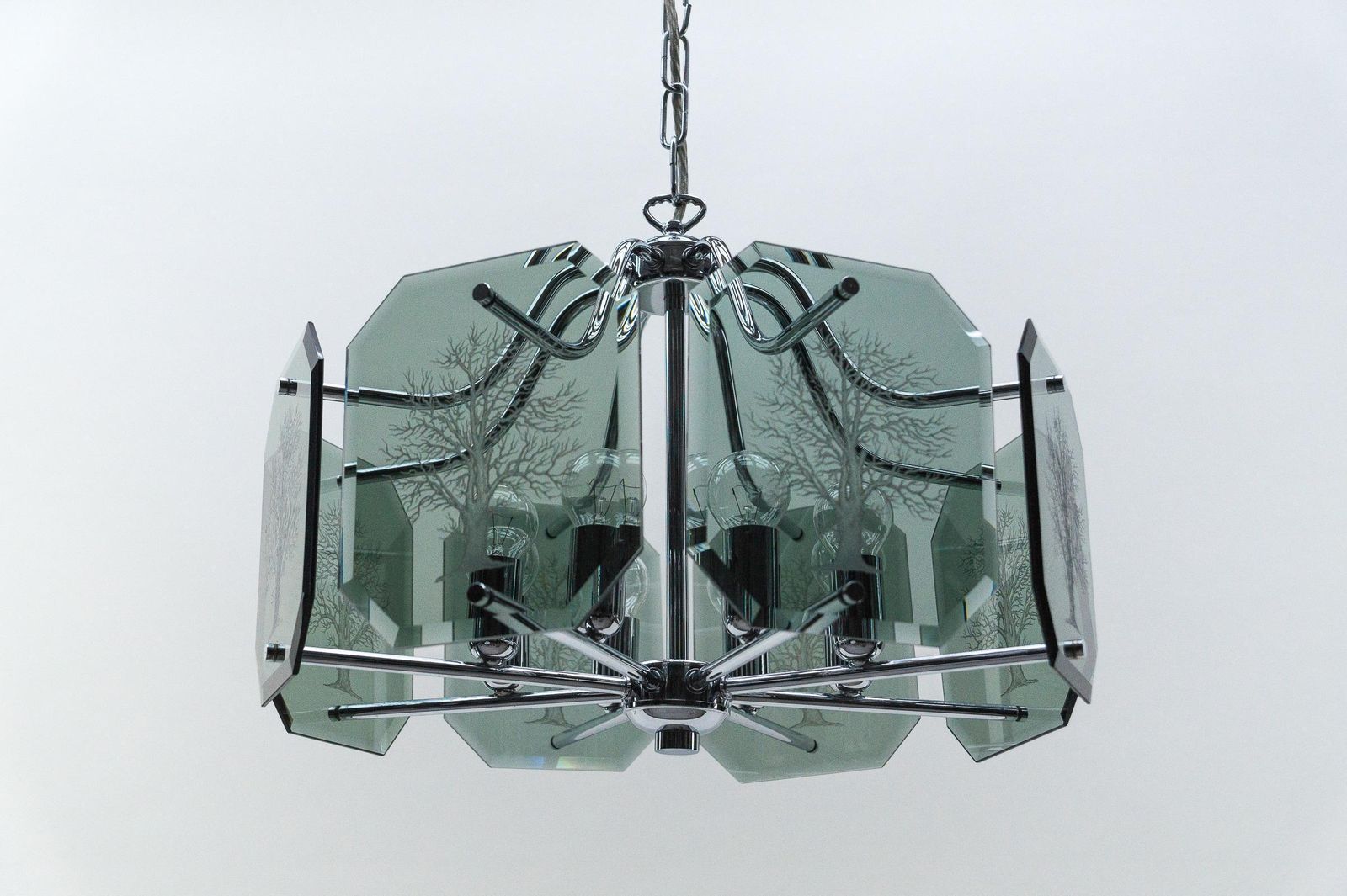 Chandelier In Chrome With 8 Cut Glass Panes With Tree Of Life Motif, 1960s photo furniture