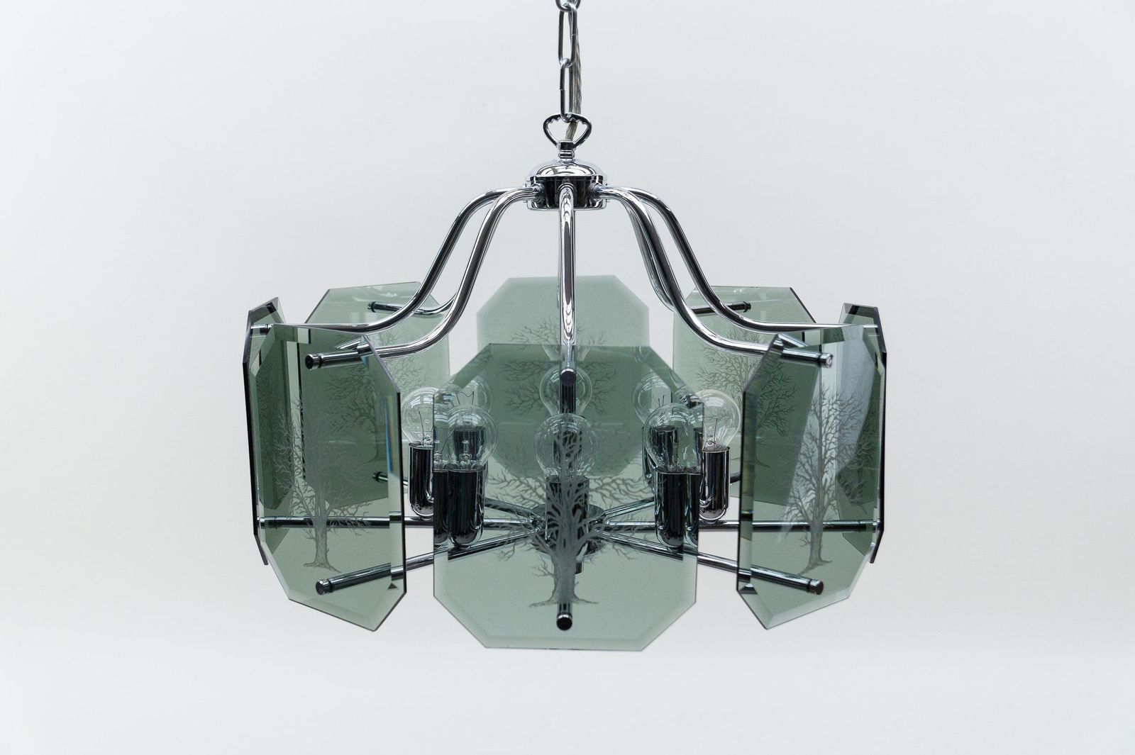 Chandelier In Chrome With 8 Cut Glass Panes With Tree Of Life Motif, 1960s photo 1062.0