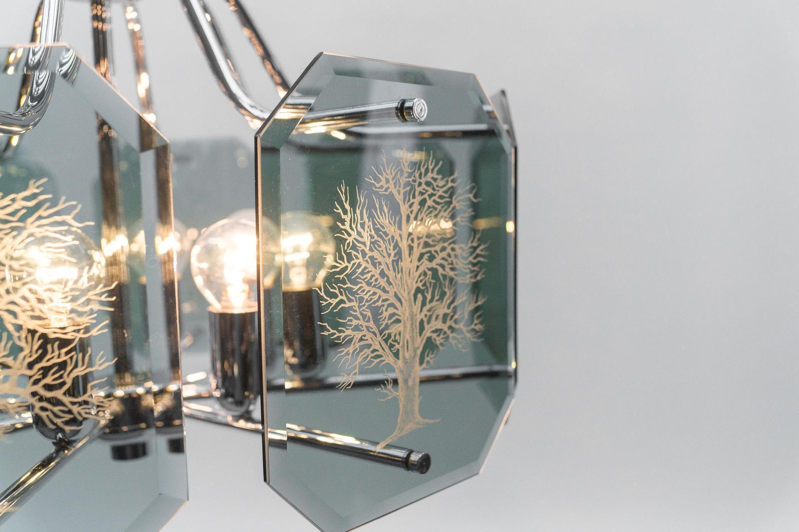 1062.0 Chandelier In Chrome With 8 Cut Glass Panes With Tree Of Life Motif, 1960s photo