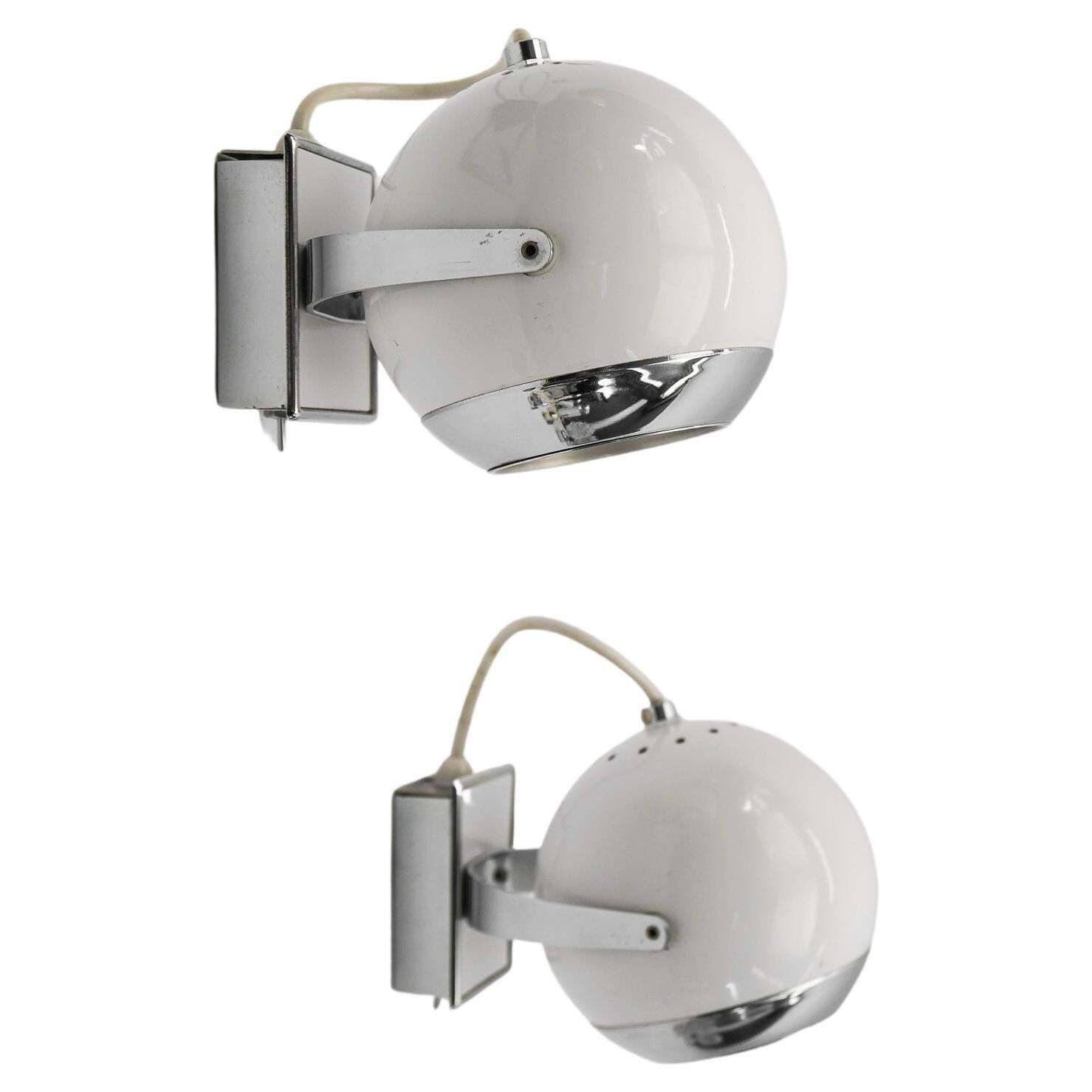Pair Of Space Age Ball Wall Lamps In White And Chrome, 1970s