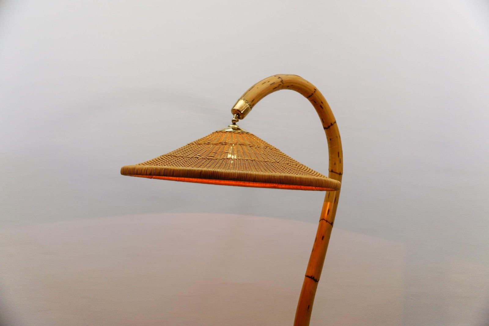 photo for sale Huge Mid Century Modern Bamboo, Brass & Rattan Arc Floor Lamp, Italy 1950s