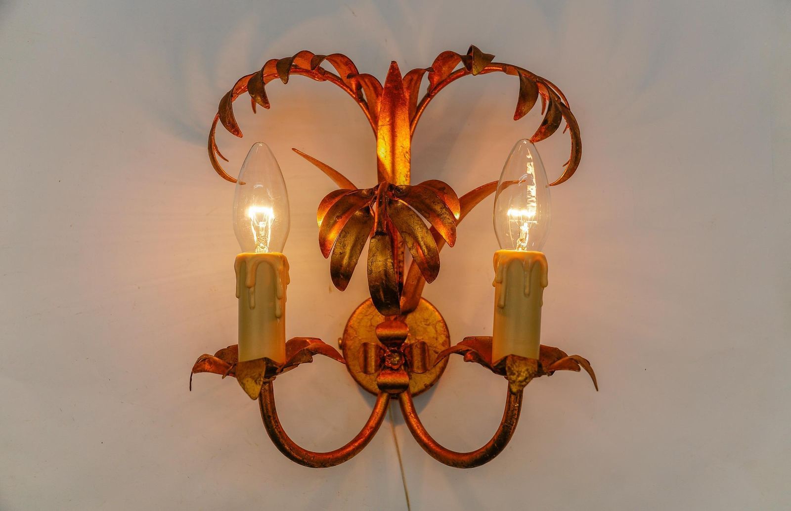 Pair Of Hollywood Regency Double Palm Wall Lights By Hans Kögl, Germany, 1970s photo for sale