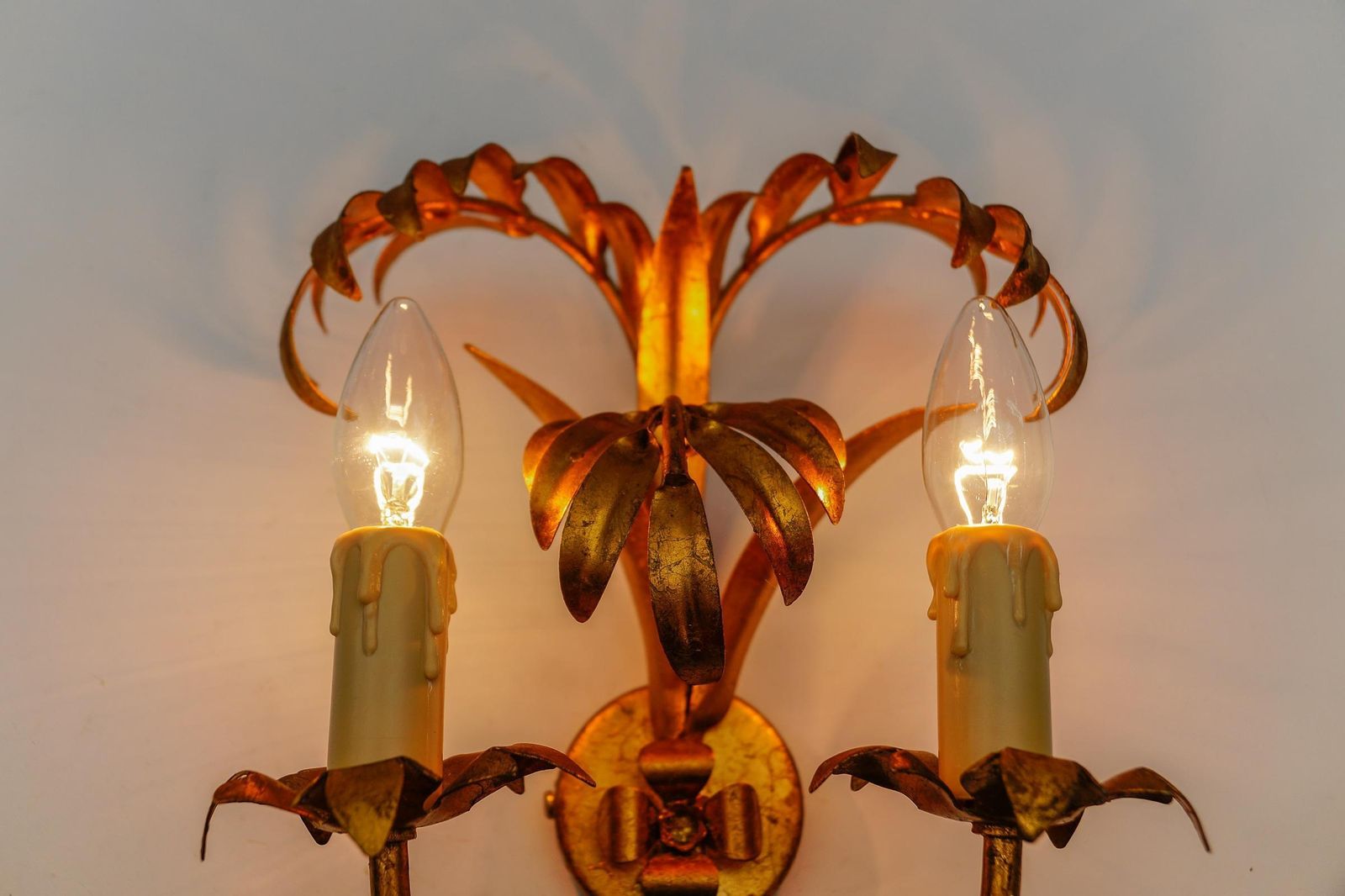 photo for sale Pair Of Hollywood Regency Double Palm Wall Lights By Hans Kögl, Germany, 1970s