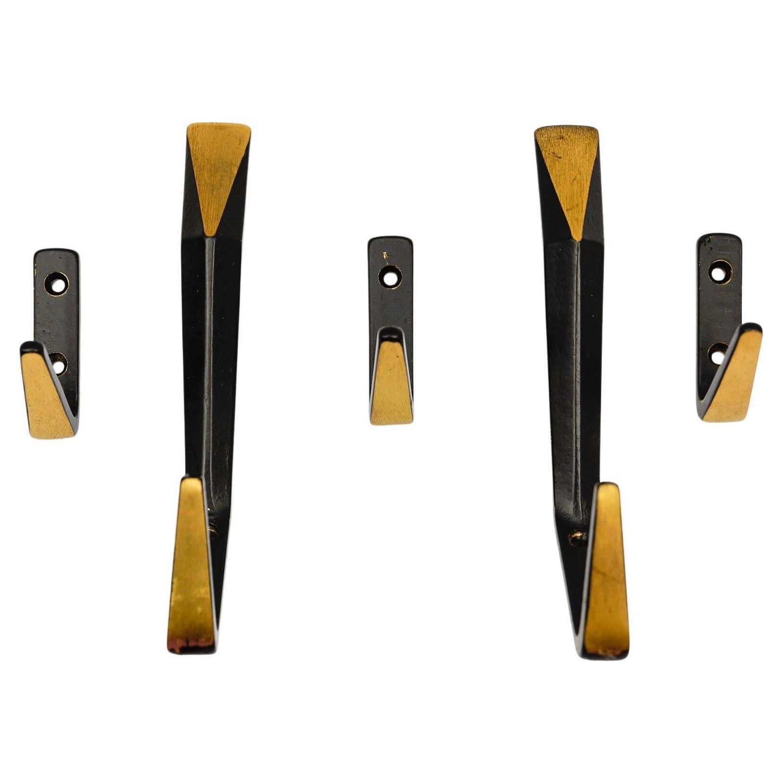 Set Of 5 Mid Century Modern Massive Brass Wall Hooks, Austria, 1960s