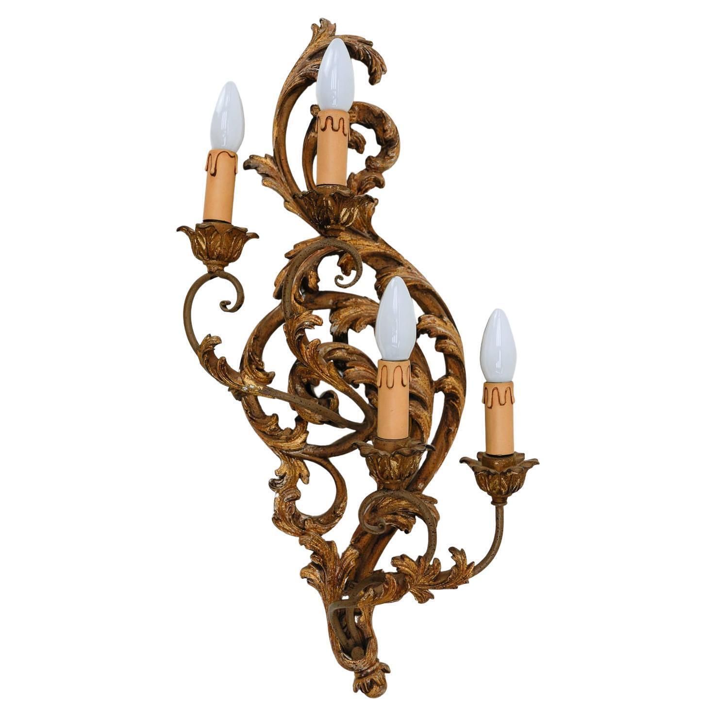 Large Antique Hand Carved Wooden Wall Lamp, 1950s Italy