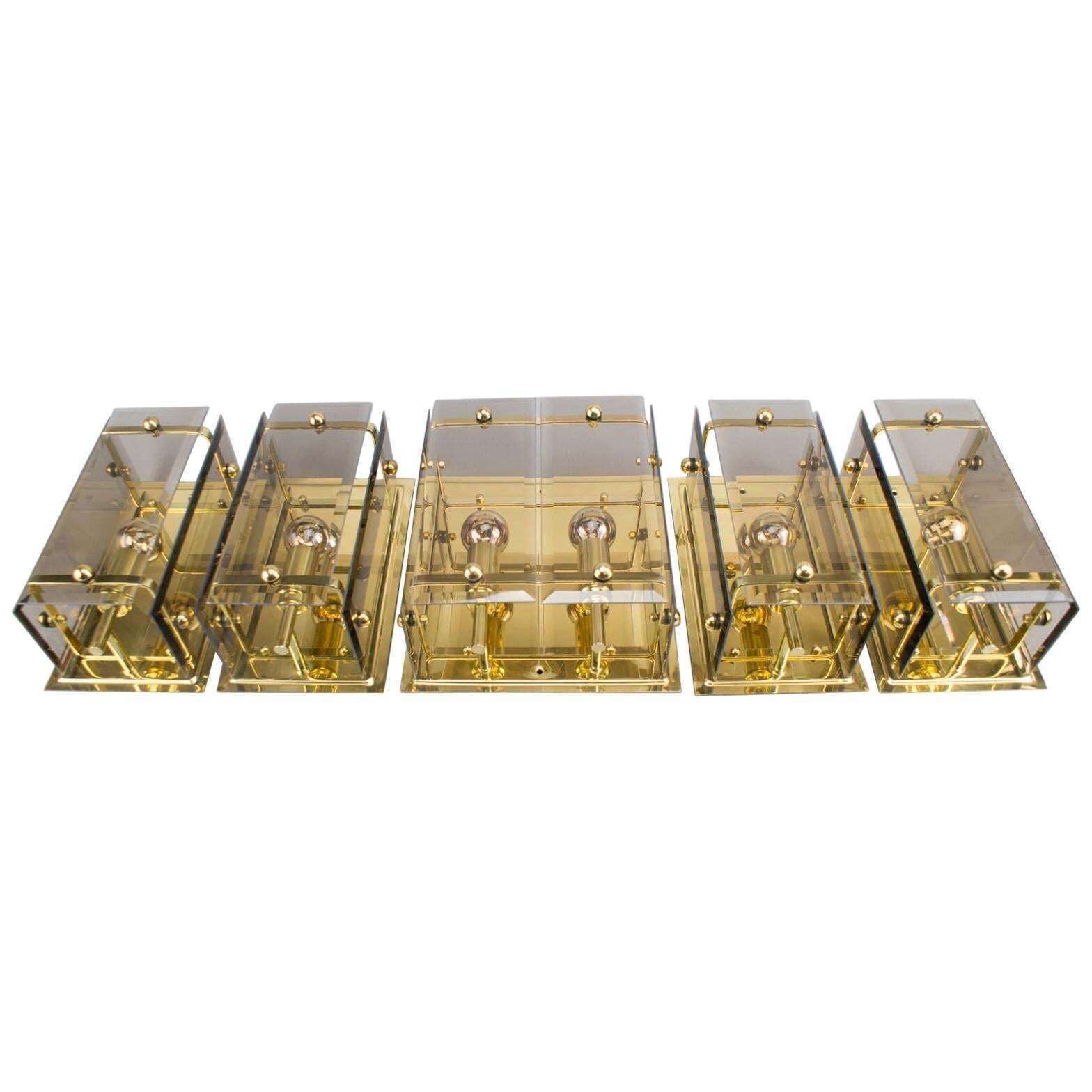 Set Of 5 Elegant Midcentury Brass And Smoked Glass Wall Lamps, Germany, 1960s