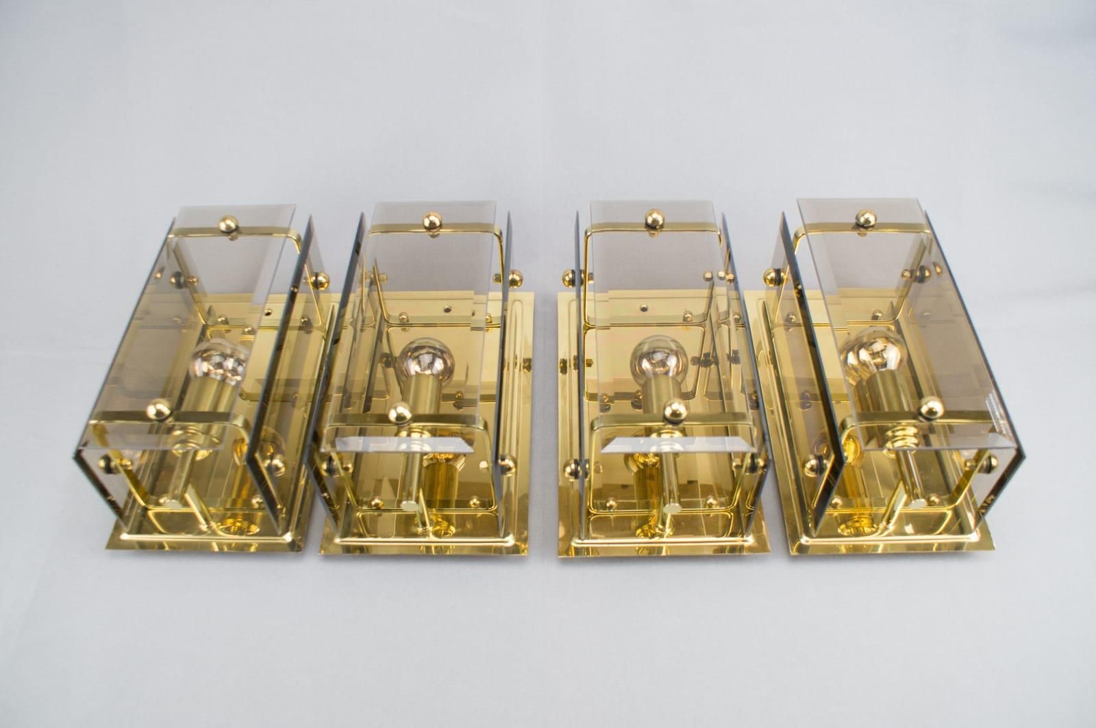 Set Of 5 Elegant Midcentury Brass And Smoked Glass Wall Lamps, Germany, 1960s photo for sale