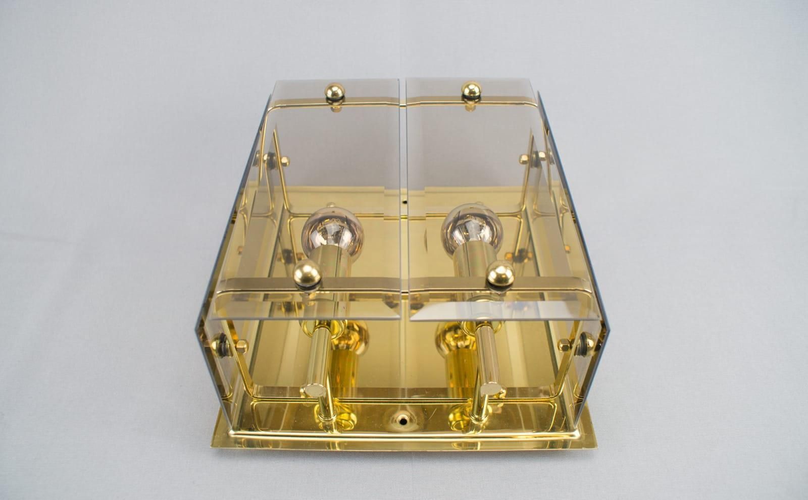 Set Of 5 Elegant Midcentury Brass And Smoked Glass Wall Lamps, Germany, 1960s photo vinterior