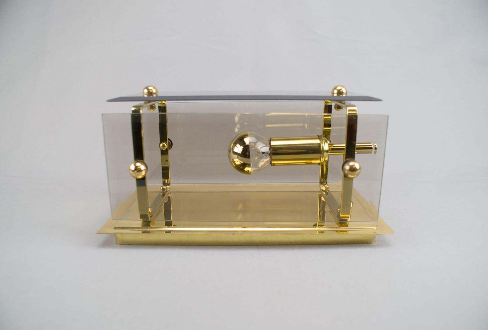 Lighting Set Of 5 Elegant Midcentury Brass And Smoked Glass Wall Lamps, Germany, 1960s photo
