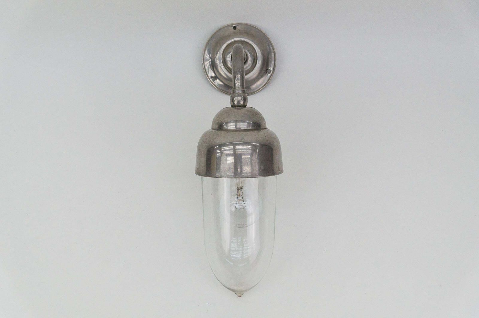 Lovely And Rare Art Deco Outdoor Nickel Plated And Glass Arc Wall Lamp, Austria photo for sale