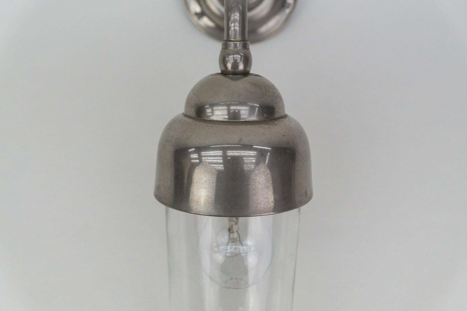 Lovely And Rare Art Deco Outdoor Nickel Plated And Glass Arc Wall Lamp, Austria photo vinterior