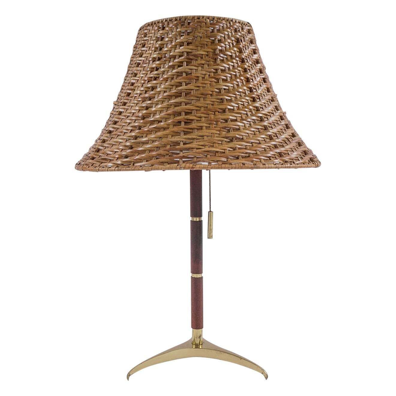Lovely Mid Century Modern Table Lamp In Brass, Wicker And Teak, 1950s, Austria