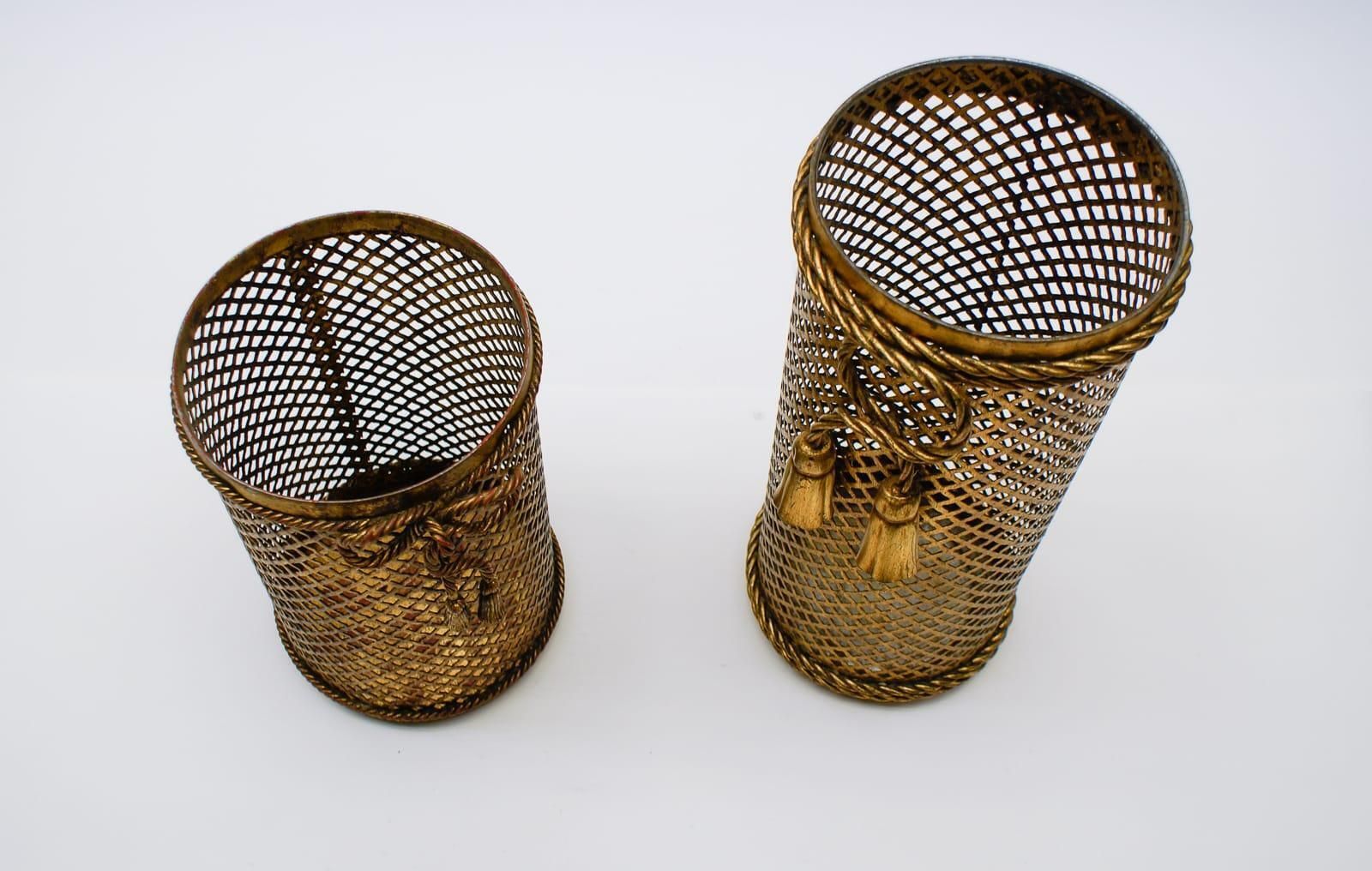 Vintage Italian Hollywood Regency Gold Gilded Umbrella Stand And Paper Basket photo for sale