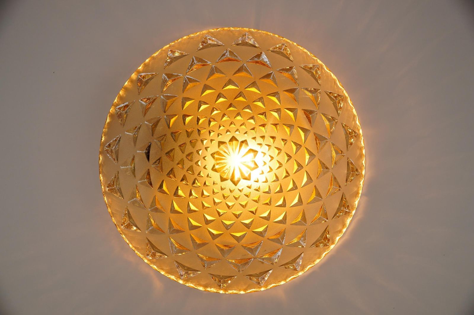 1 Of 2 Round Geometric Satin Amber Glass Flush Mount Light Or Wall Lamp, 1960s photo 552.0