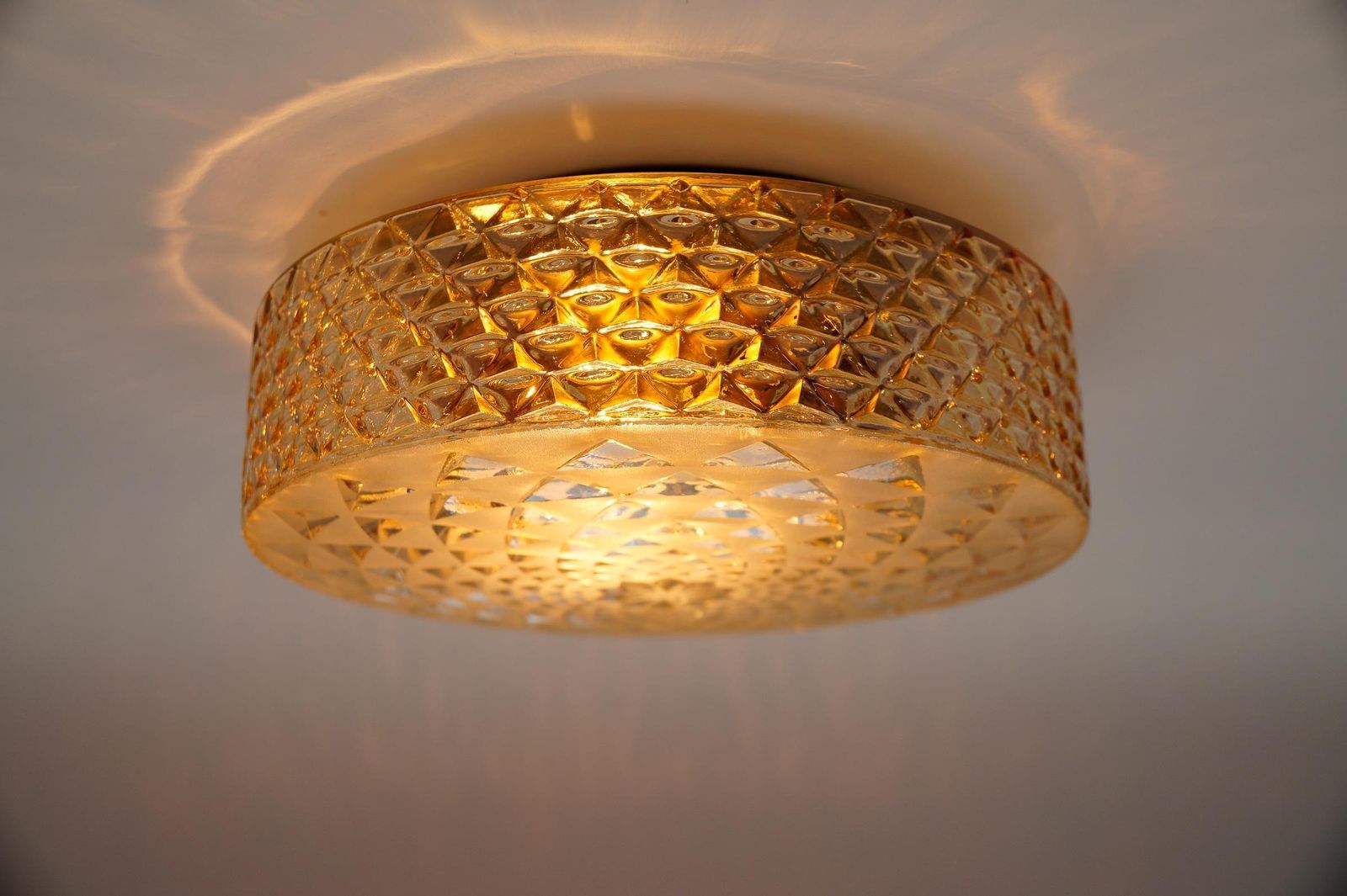 photo for sale 1 Of 2 Round Geometric Satin Amber Glass Flush Mount Light Or Wall Lamp, 1960s