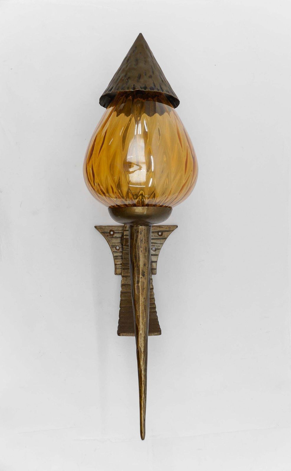 Huge French Hand Forged Iron And Glass Wall Lamp, 1960s photo for sale