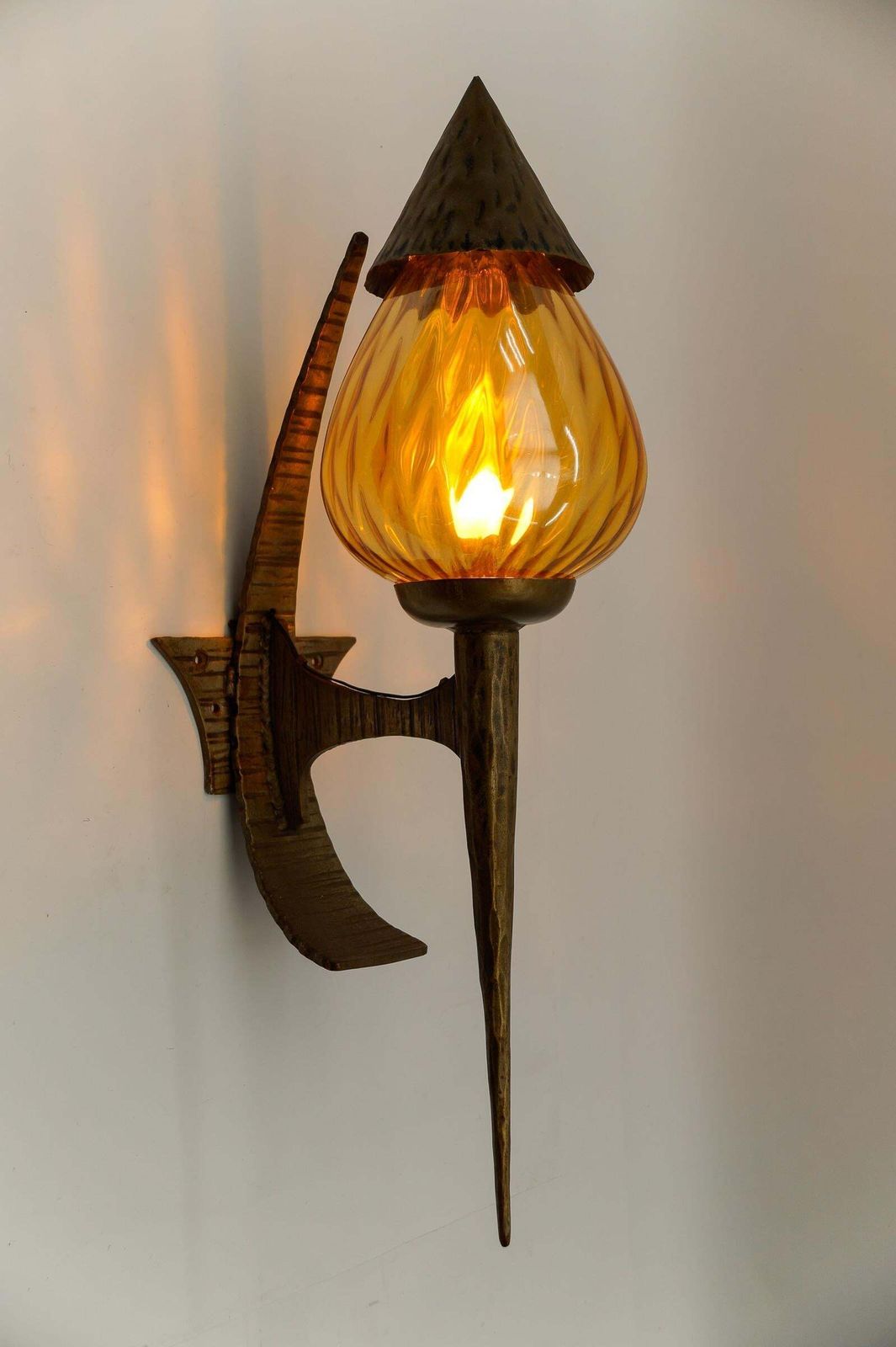 Huge French Hand Forged Iron And Glass Wall Lamp, 1960s photo buy