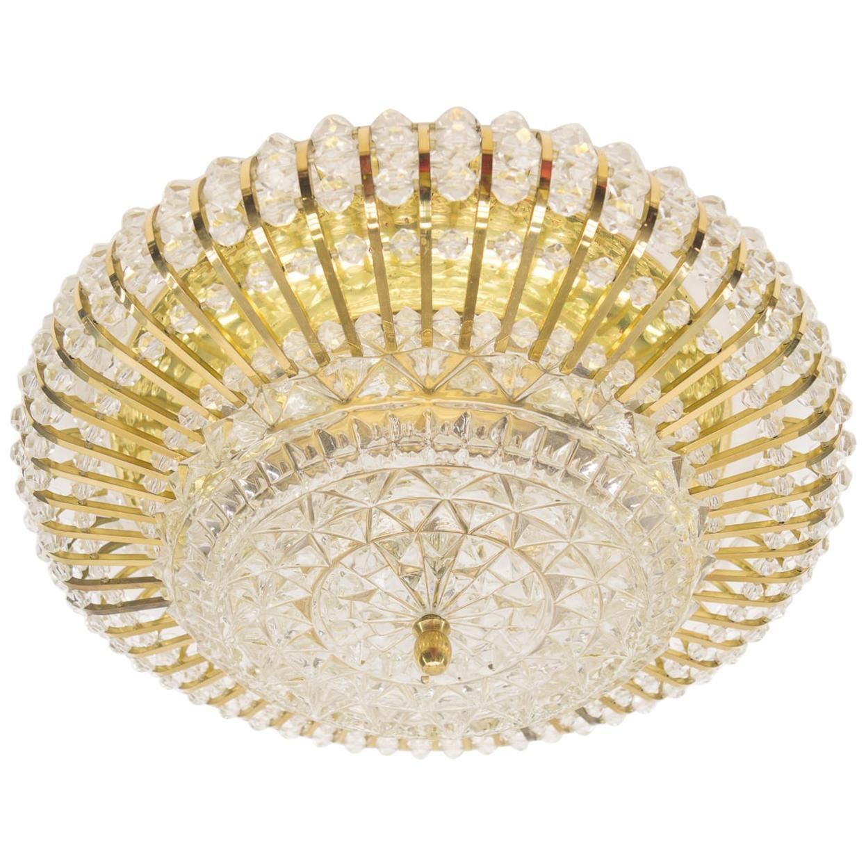 Mid Century Modern Ceiling Lamp With Glass Stones And Brass Frame
