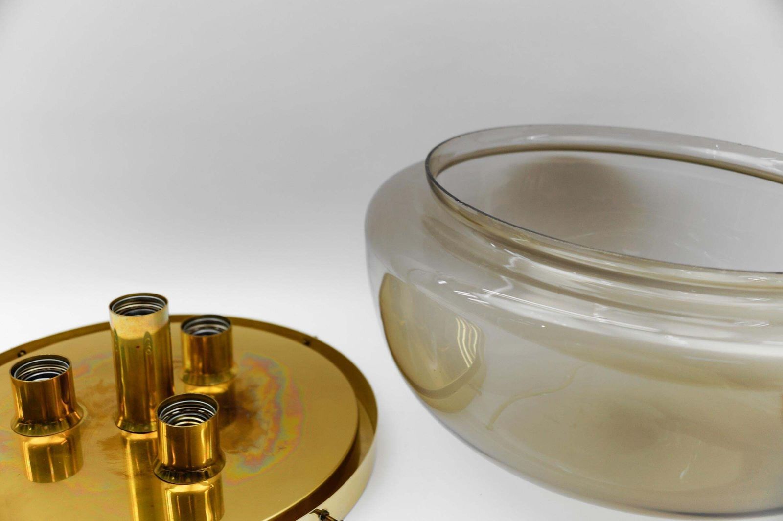Lighting Huge Brass And Smoked Glass Flush Mount By Limburg, Germany 1960s photo