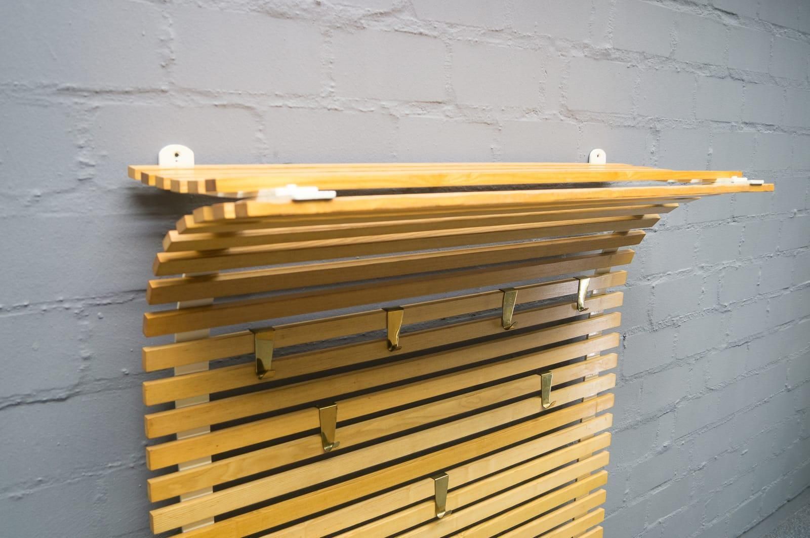Large Wooden Slats And Brass Hooks Wall Mounted Coat And Hat Rack, Austria 1950s photo for sale