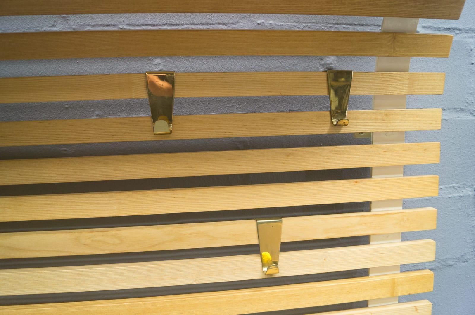 Furniture Large Wooden Slats And Brass Hooks Wall Mounted Coat And Hat Rack, Austria 1950s photo